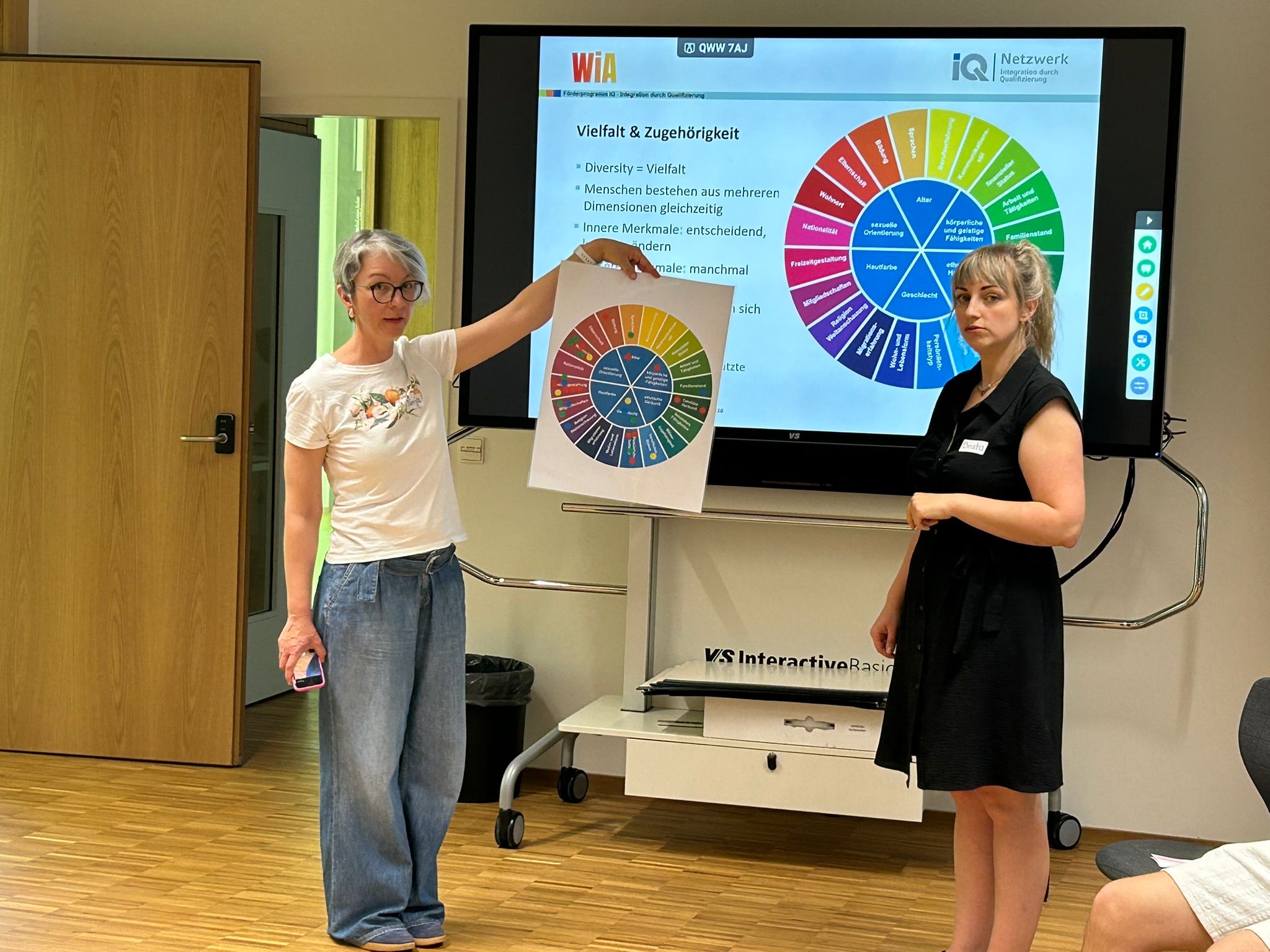 Frau Tanja Mayerhofer (links) und Frau Beata Wójcik (rechts) vom Wirtschaftsforum Passau sensibilisierten die Schülerinnen und Schüler der Industrieklasse 11B für die Themen Vielfalt, Zugehörigkeit und respektvolles Miteinander.